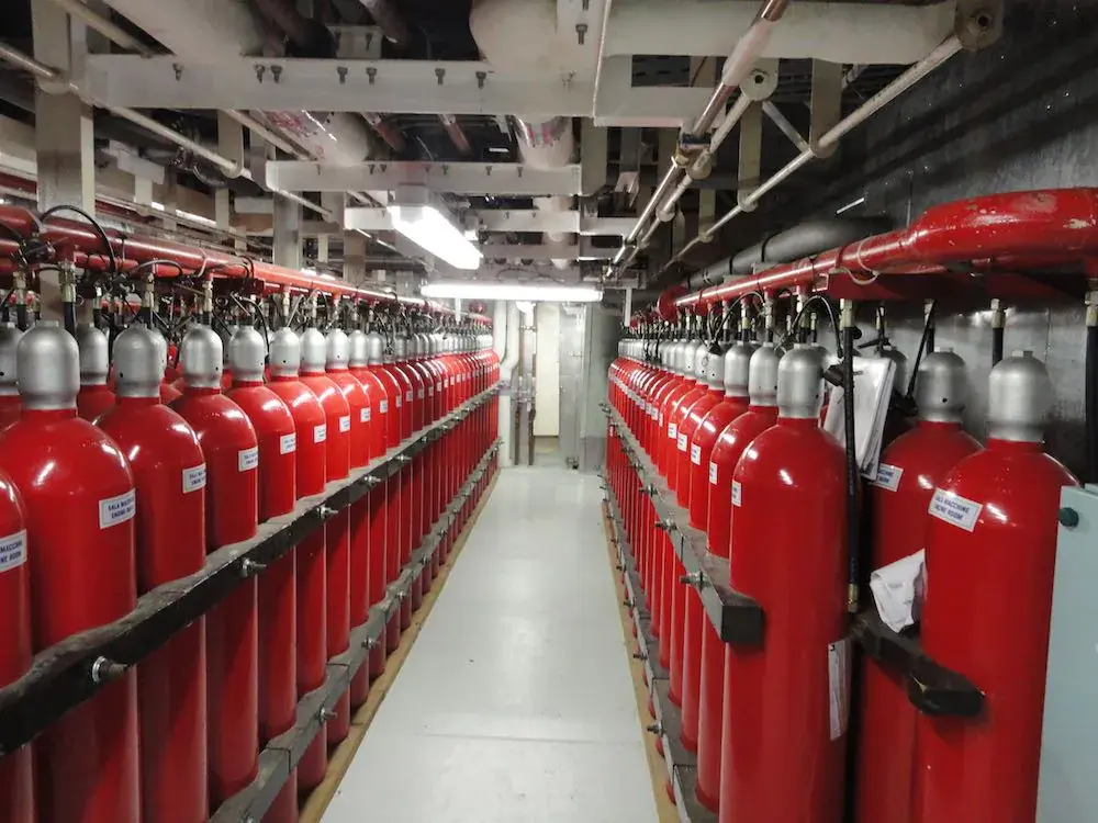 CO₂ fire suppression cylinders installed aboard a vessel