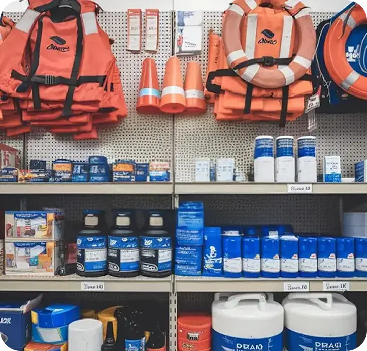 Marine equipment and accessories on warehouse shelves