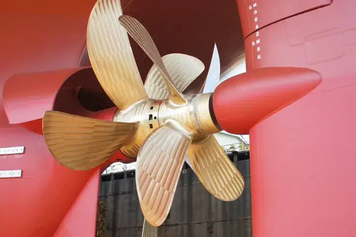 Ship propeller and shaft line undergoing maintenance